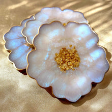 Load image into Gallery viewer, Iridescent White Opal and Gold Flower Shaped Coasters, Resin coasters set of 4 , gift for her
