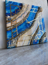 Load image into Gallery viewer, Resin square blue beige geode clock, geode beige crystal clock resin art epoxy wall clock blue gold wall clock art gift first home gift - 14 Inch