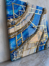 Load image into Gallery viewer, Resin square blue beige geode clock, geode beige crystal clock resin art epoxy wall clock blue gold wall clock art gift first home gift - 14 Inch