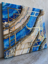 Load image into Gallery viewer, Resin square blue beige geode clock, geode beige crystal clock resin art epoxy wall clock blue gold wall clock art gift first home gift - 14 Inch