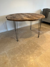 Load image into Gallery viewer, Rustic Flower Live Edge Circle Solid Wood Chunky Scaffold Hairpin Metal Leg Dining Side Desk Table Handcrafted with Solid Wood