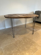 Load image into Gallery viewer, Rustic Flower Live Edge Circle Solid Wood Chunky Scaffold Hairpin Metal Leg Dining Side Desk Table Handcrafted with Solid Wood