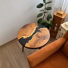 Load image into Gallery viewer, Round Live Edge Black Resin Side Table made with Oleaster Wood, Small Coffee Table, End Table with Wooden Tapered Legs, Matte Finish