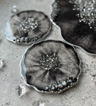 Load image into Gallery viewer, Black & Silver Epoxy Resin Tray and Coaster Set with Natural Stones