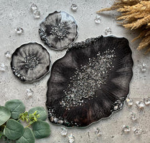 Load image into Gallery viewer, Black & Silver Epoxy Resin Tray and Coaster Set with Natural Stones