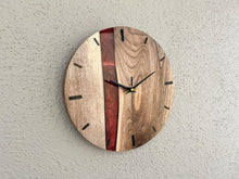 Load image into Gallery viewer, Handcrafted Walnut Wood Wall Clock: Metallic Red Epoxy Inlay, Silent Timepiece - 12 Inch, Resin Clock