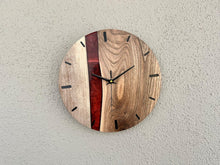 Load image into Gallery viewer, Handcrafted Walnut Wood Wall Clock: Metallic Red Epoxy Inlay, Silent Timepiece - 12 Inch, Resin Clock