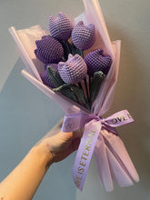 Load image into Gallery viewer, Crochet Flowers, Purple Tulip Flowers, Handmade Flowers, Mother's Day Gift, Crochet Flower Bouquet, Birthday, Wrapped Crochet Tulip, Easter