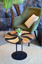 Load image into Gallery viewer, Small round coffee table, low wood end table, round accent epoxy coffee table, natural wood rustic end table, resin living room table