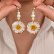 Load image into Gallery viewer, Real Daisy Flower Earrings, Handmade Pressed Dried Floral Resin Jewelry, Pearl Bead Dangle Birth Flower Earring for Women, Gift for Her