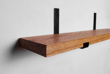Load image into Gallery viewer, Rustic Farmhouse Floating Shelf | Custom Size Wall Shelf with Industrial Metal J Brackets | Heavy Duty Wood Shelf Walnut Floating Shelves