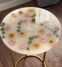 Load image into Gallery viewer, Handmade  resin epoxy end table, coffee or side table white base & pearls - available in any size, flowers