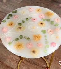 Load image into Gallery viewer, Handmade  resin epoxy end table, coffee or side table white base & pearls - available in any size, flowers