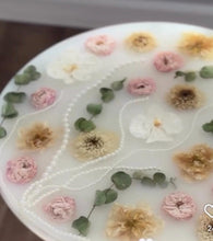 Load image into Gallery viewer, Handmade  resin epoxy end table, coffee or side table white base & pearls - available in any size, flowers