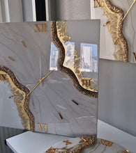 Load image into Gallery viewer, Custom handmade Resin Wall Clock, Marble Effect with Gold Numerals
