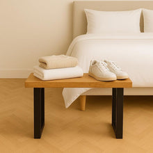Load image into Gallery viewer, Wooden Side Stool or small table, wood & metal – handcrafted, solid, modern, natural – stool for bathroom, hallway, living room or bedroom