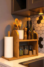 Load image into Gallery viewer, Handmade pure Wood Rustic Wooden Kitchen Organizer – Spice Rack & Paper Towel Holder Shelf