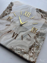 Load image into Gallery viewer, Square Marble Geode Wall Clock – Beige, Cream & Gray Resin Art Clock with Gold Crystals – Luxury Modern Statement Wall Decor - 12 Inch
