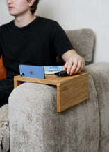 Load image into Gallery viewer, Couch side table, phone remote holder, handmade solid oak furniture, armrest organizer