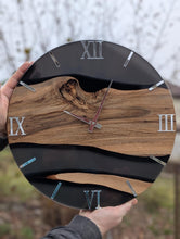 Load image into Gallery viewer, Wood and Epoxy Resin Wall Clock | Unique Wood River Clock | Large Modern Rustic Home Decor | | Anniversary or Housewarming Gift