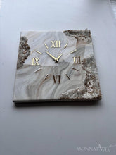 Load image into Gallery viewer, Square Marble Geode Wall Clock – Beige, Cream & Gray Resin Art Clock with Gold Crystals – Luxury Modern Statement Wall Decor - 12 Inch