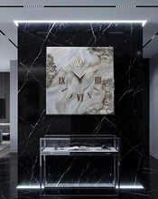 Load image into Gallery viewer, Square Marble Geode Wall Clock – Beige, Cream & Gray Resin Art Clock with Gold Crystals – Luxury Modern Statement Wall Decor - 12 Inch
