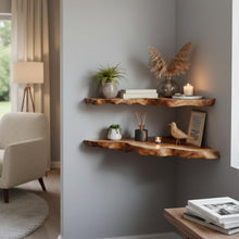 Load image into Gallery viewer, Handcrafted Live Edge Wood Corner Shelf – Rustic Floating Wall Decor Set of 2