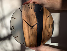 Load image into Gallery viewer, Wood & Epoxy Resin Wall Clock, Minimalist Handmade Wooden Clock, Matte Finish, Mirror Acrylic Numbers, Modern Home Decor