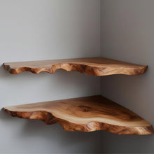 Load image into Gallery viewer, Handcrafted Live Edge Wood Corner Shelf – Rustic Floating Wall Decor Set of 2