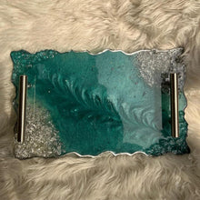 Load image into Gallery viewer, Handmade Custom Resin Serving Tray with Handles | Ocean Blue Epoxy Tray | Luxury Home Decor | Coffee Table & kitchen Decor, gift