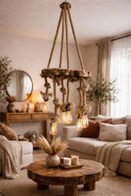 Load image into Gallery viewer, Rustic Olive Wood Lighting Fixture, Unique Ceiling Lamp for Dining Room, Farmhouse Style Wooden Natural Edge Chandelier, Wooden, Solid Wood