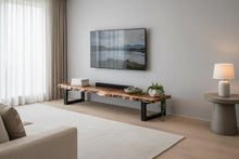 Load image into Gallery viewer, Long Live Edge Wooden TV Stand, Solid Wood Media Console, Thick Metal Frame Legs, Minimalist Modern TV Unit, Handmade Natural Wood Furniture