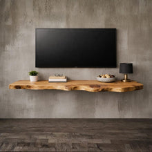 Load image into Gallery viewer, Rustic Live Edge Floating TV Shelf - Solid Wood Wall Mounted Console - Natural Live Edge Floating TV Shelf - Handmade Solid Wood TV Console