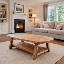 Load image into Gallery viewer, Wooden Farmhouse Coffee Table with Storage, Solid Wood Rustic Oval Sofa Table, Handcrafted Teakwood Center Table