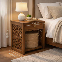Load image into Gallery viewer, Indian Hand Carved Teak Wood Bedside Table with Drawer, wooden Nightstand, Rustic Walnut Finish