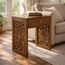 Load image into Gallery viewer, Indian Hand Carved Teak Wood Bedside Table with Drawer, wooden Nightstand, Rustic Walnut Finish