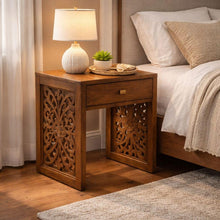 Load image into Gallery viewer, Indian Hand Carved Teak Wood Bedside Table with Drawer, wooden Nightstand, Rustic Walnut Finish