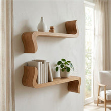Load image into Gallery viewer, Luxury Royal Handmade Teak Wood Sculptural Floating Shelf, Japandi Modern Wood Wall Decor