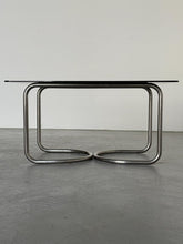 Load image into Gallery viewer, Stainless Steel Modernist Smoked Glass Dining Table with Tubular Steel Loop Frame