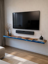 Load image into Gallery viewer, Premium Royal Epoxy Resin Floating TV Stand, Wooden Live Edge Trinket Shelves, River Edge TV Console Shelf