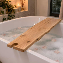 Load image into Gallery viewer, Wooden Bathtub Tray with Wine Glass Holder, Live Edge Bath Caddy, Custom Wood Finish, Rustic Bathtub Board, Spa Bathroom Decor