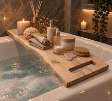 Load image into Gallery viewer, Live Edge Solid Wood Bathtub Tray, Wooden Bathtub Tray with Towel Holder, Rustic Spa Bath Caddy, Bathroom Wood Shelf