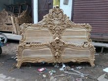 Load image into Gallery viewer, Royal handmade Wooden Carved Headboard and Base , luxury handmade wooden floral headboard.