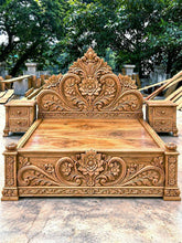 Load image into Gallery viewer, Royal handmade Wooden Carved Headboard and Base , luxury handmade wooden floral headboard.