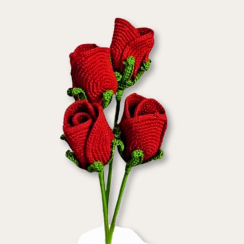 Handmade Crochet Rose Flowers Completed for Home Decoration and Valentine's Day Mother's Day Birthday Wedding Gift, Red Rose Artificial Flowers