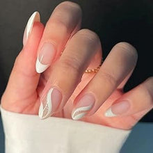 Load image into Gallery viewer, Set Of 24 Artificial/Fake Reusable Press on Nails In Almond Shape With White &amp; Silver Stillet Wave.
