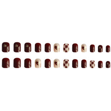 Load image into Gallery viewer, Secret Lives Glossy Reusable Artifical Fake False Press on Nails for Women Red Color with Check Design Long Lasting 24 PCS Set with Kit
