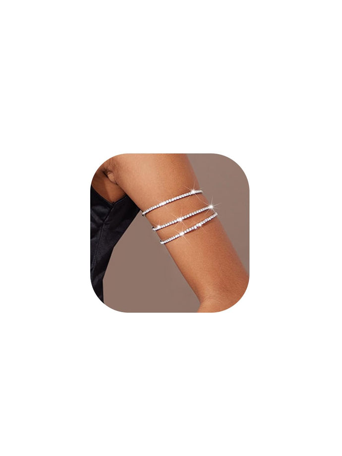 Jovono Rhinestone Arm Cuff Layered Arm Bracelet Crystal Upper Armband Open Cuff Dainty Arm Jewelry For Women(1Pcs), 7.1 inches, Crystal Silver Rhinestone