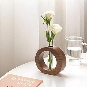 Ancient Shoppee Wooden 1 Glass Test Tube Home Decor Planter Modern Flower Vase with Wood Stand Plant Propagation (17x12.5) cm
