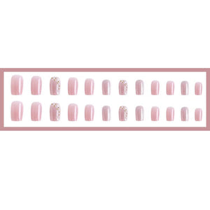 Secret Lives Designer Cats Eye Reusable Artificial Nails Extension Pink Color with 3d White and Golden Pearl Fake Nails Design 24 Pieces Set with Manicure Kit
